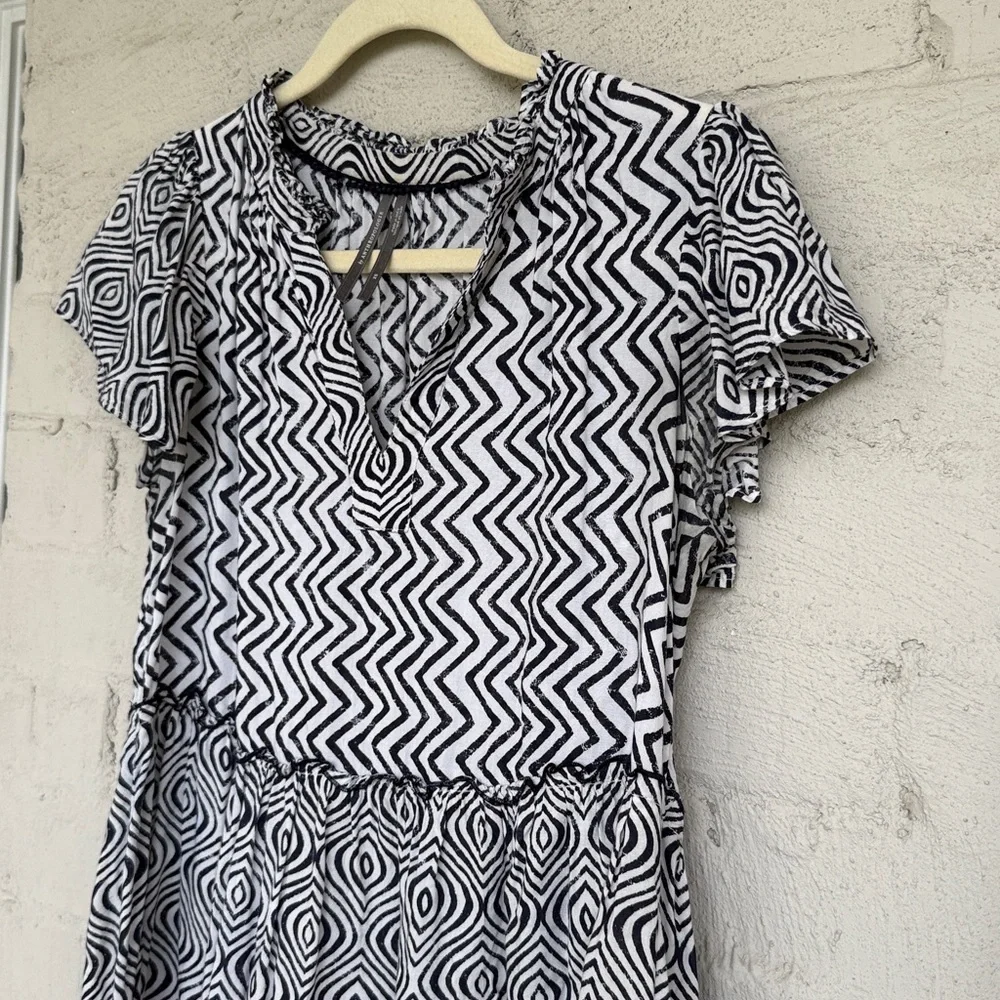 By Anthropologie Penrose Black/White Tiered Boho Mini Dress Size XS - Picture 6 of 11